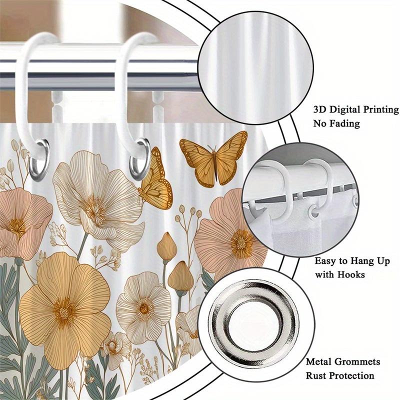 1Pc Vintage Style Peach And Cream Floral Shower Curtain, Polyester Fabric, Machine Washable, Suitable For Bathroom Decoration