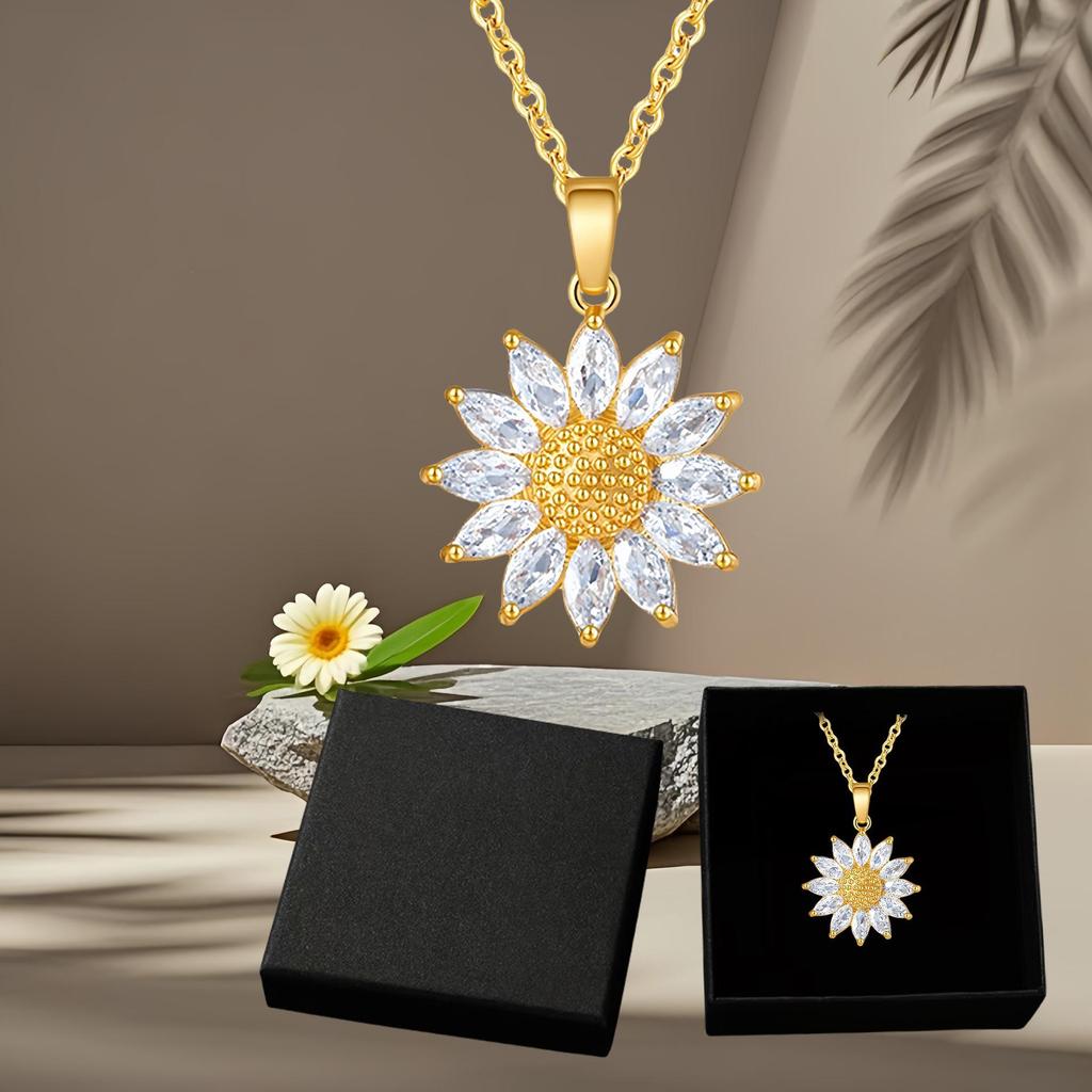 Sunflower Zirconia Pendant Necklace with Clavicle Chain - Women's Luxury Style