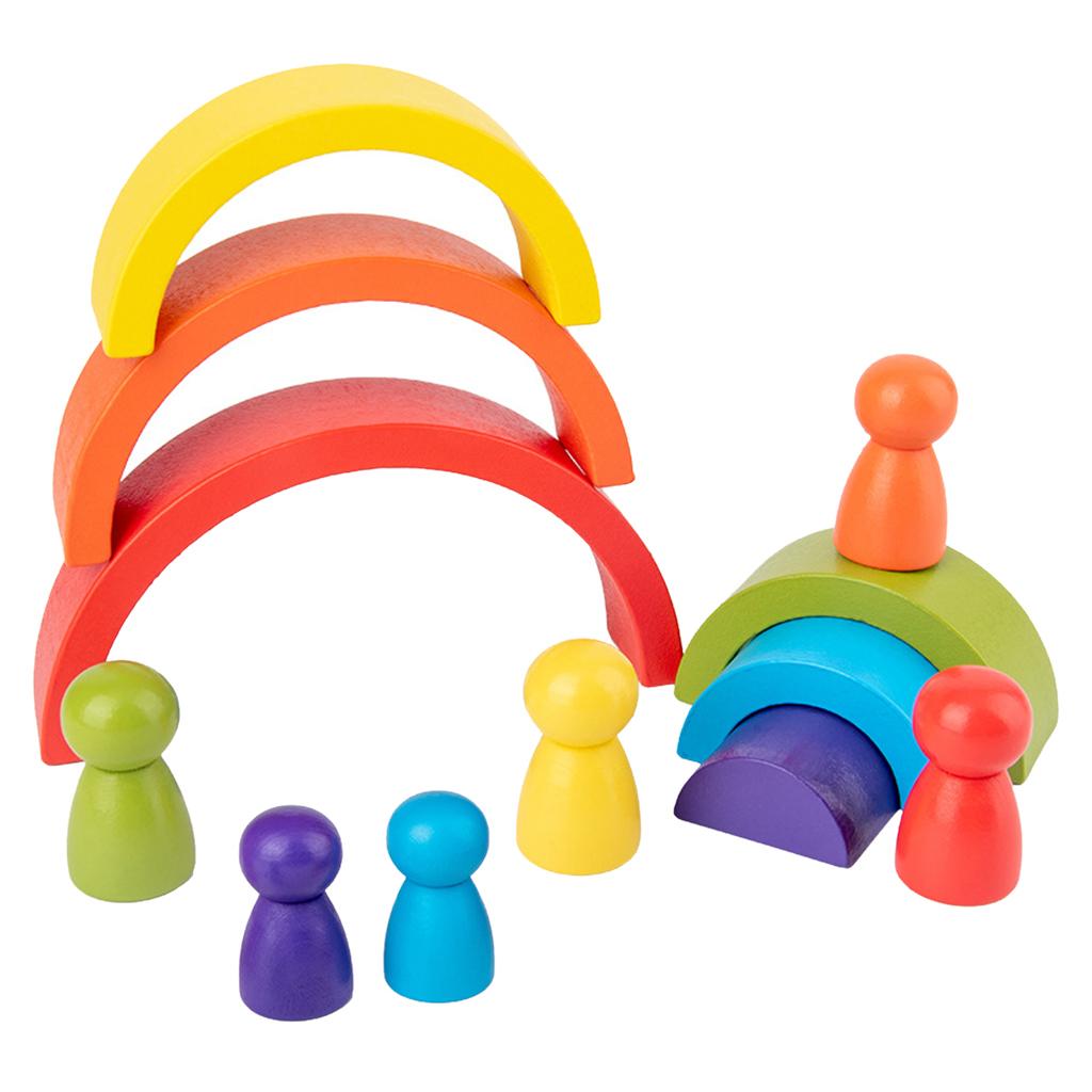 12Pcs Wooden Rainbow Stacking Blocks Fun Building Nesting Toys For Kids Boys
