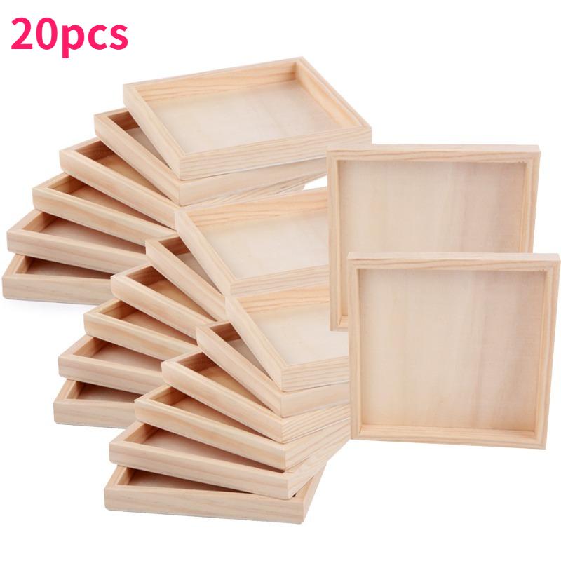 12/20pc Unfinished Wooden Craft Trays Square Multi-Purpose Display Platform DIY Painting Dyeing 3D Puzzles Art Projects Supplies