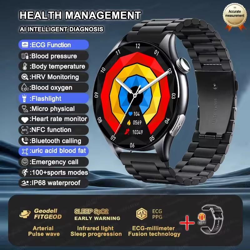 2026 New Men Uric Acid Blood Lipid Monitor Smart Watch ECG Blood Pressure Blood Oxygen Heart Rate Temp BT Call Health Smartwatch Sports Fitness Watch