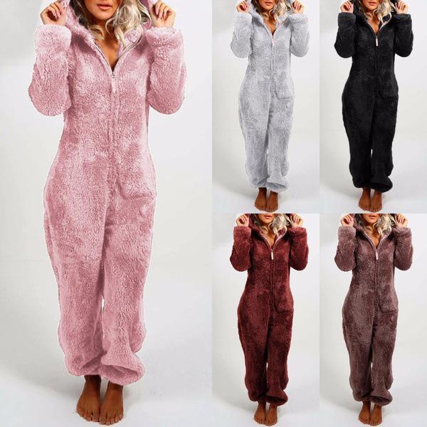 2024 Trendy European/American Fleece-Lined Hooded Jumpsuit Pajamas for Women - 22 Colors Available