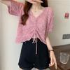 Chic Hollow Drawstring Knitted Sweater Women's Spring and Summer Small Sweet and Spicy Design Sense V-neck Lace-up Short Top