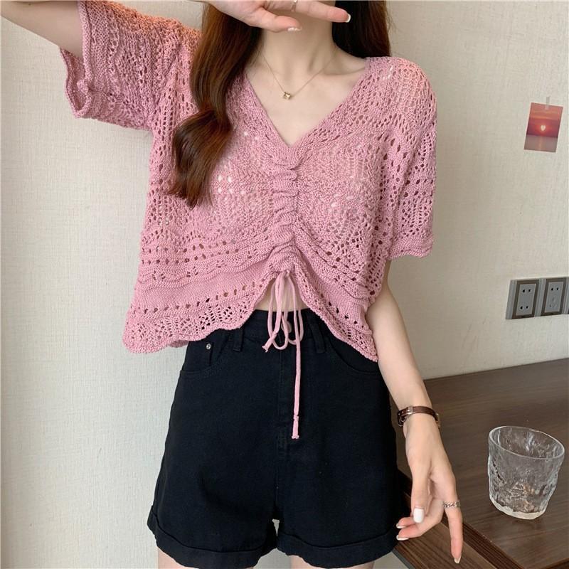 Chic Hollow Drawstring Knitted Sweater Women's Spring and Summer Small Sweet and Spicy Design Sense V-neck Lace-up Short Top