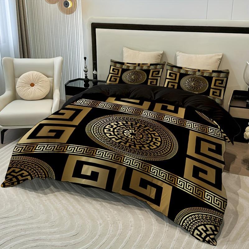 European Black Gold Geometric Design Quilt Cover 3D High Definition Printing Duvet Cover Three-Piece Soft Bedding