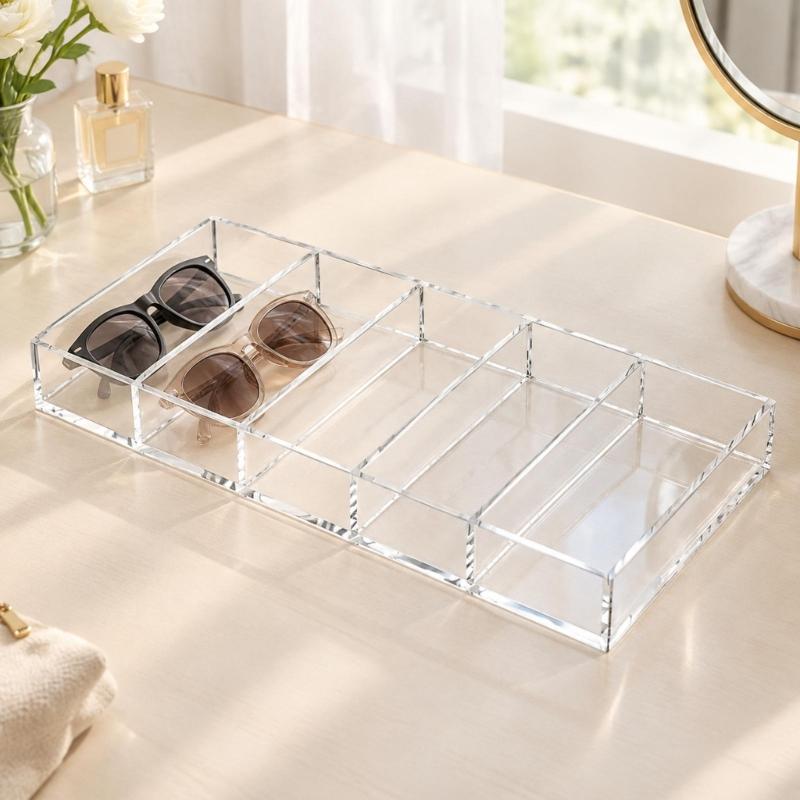 Clear Acrylic Eyeglasses Tray with 6 Separate Compartment for Visible Storage in Closets, Entryway Cabinets, or on Dressing Tables