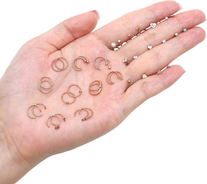 20G 38Pcs Stainless Steel Screw Shaped Nose Studs Nose Rings CZ Hoop Tragus Cartilage Nose Ring Labret Nose Piercing Jewelry