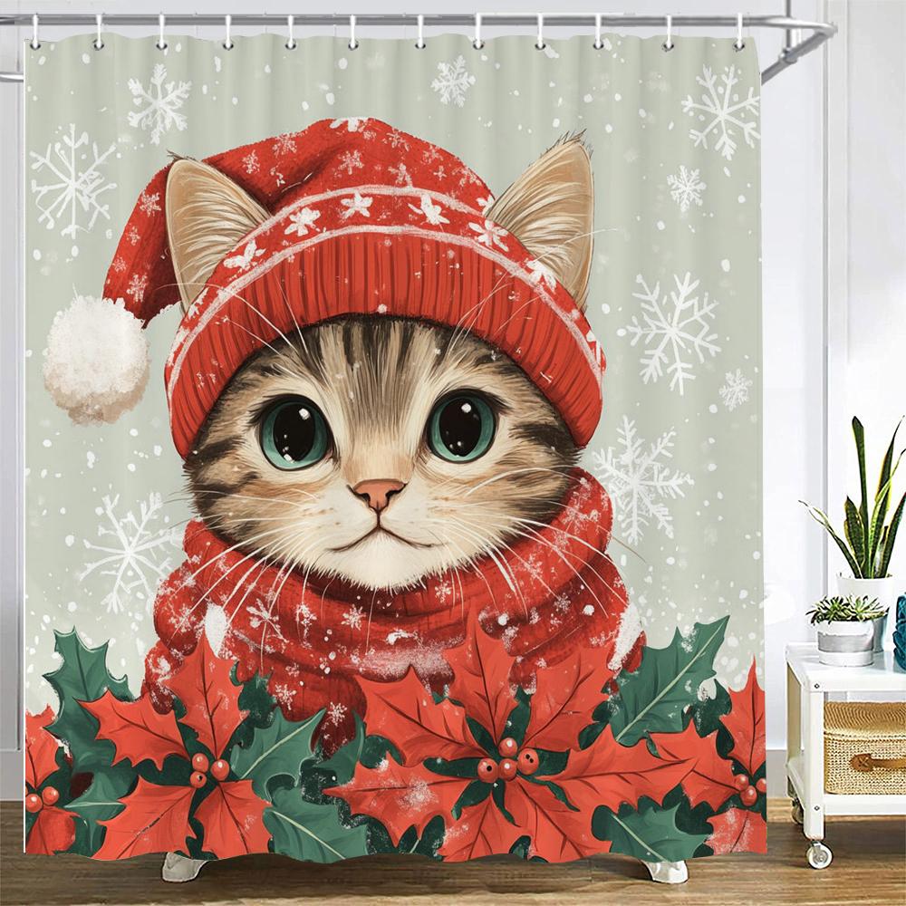 Merry Christmas Shower Curtain Christmas cat and dog Santa Claus Shower Curtains Xmas Printed fabric Decor Bathroom Curtain