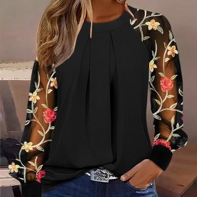 Women's Autumn Long Sleeve Fashion O-Neck Lace Splicing Shirt Blouse