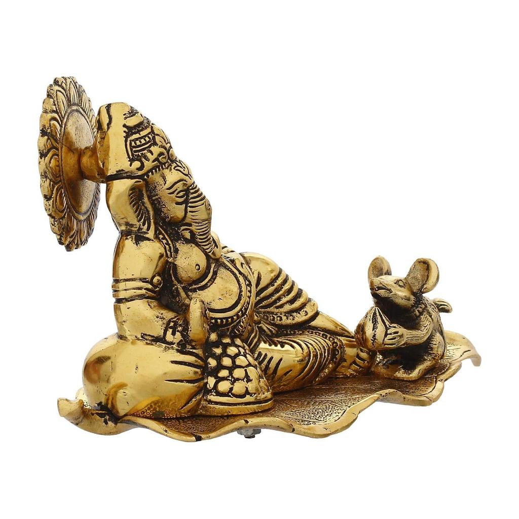 Golden Resting Ganesha with Mushak Metal Decorative Showpiece