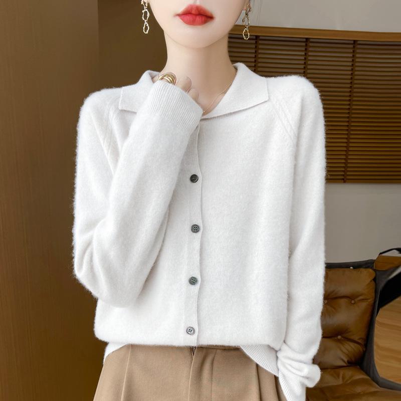 

Осенне-зимний стиль Кукольный воротник Универсальный женский кардиган из чистой шерсти свободного кроя Омолаживающий топ Свитер с воротником поло Вязаный свитер XL