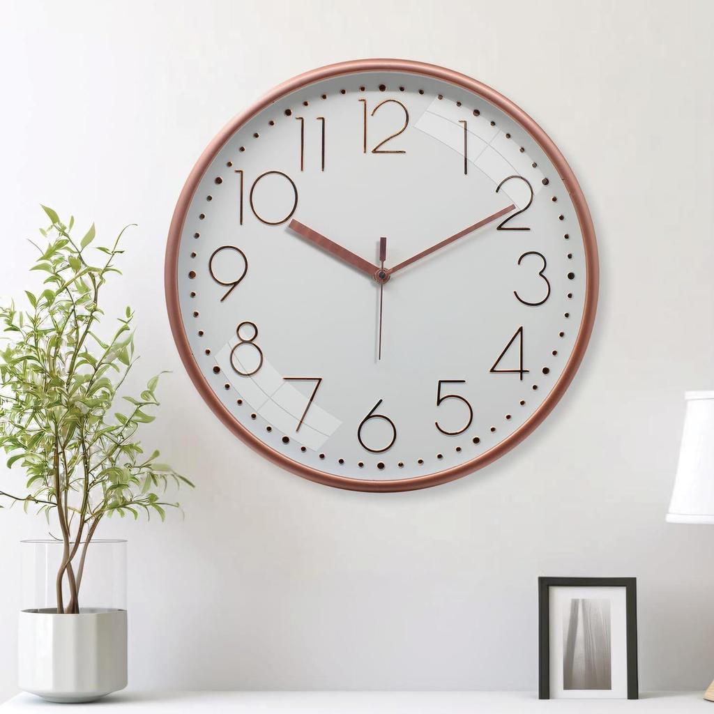 Embossed Metallic Analog Wall Clock, Silent Sweep, Numeric Time Indicator (12 Inches, Copper and White)