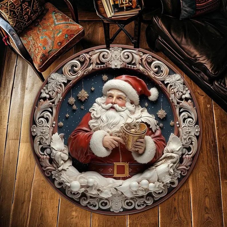 Vintage Style Coffee Drinking Santa Claus Circular Carpet Christmas Themed Carpet Bedroom Anti Slip Floor Mat Christmas Gift