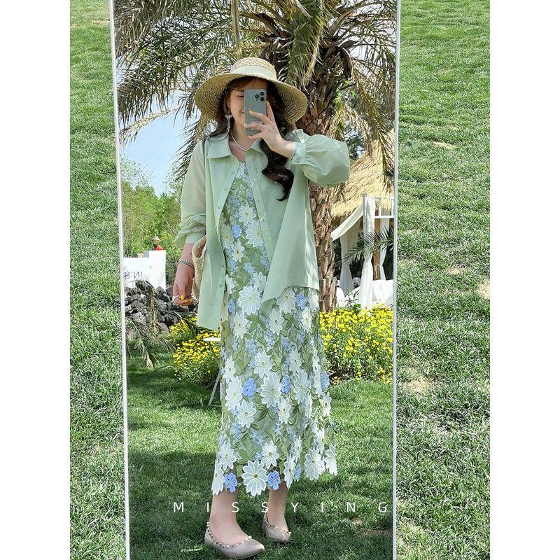 

Miss Ying Plus Size Women s Clothing [Huaye Summer] Machine Embroidery Sling Dress Retro Flower Suspender Long Skirt Green grass 2XL
