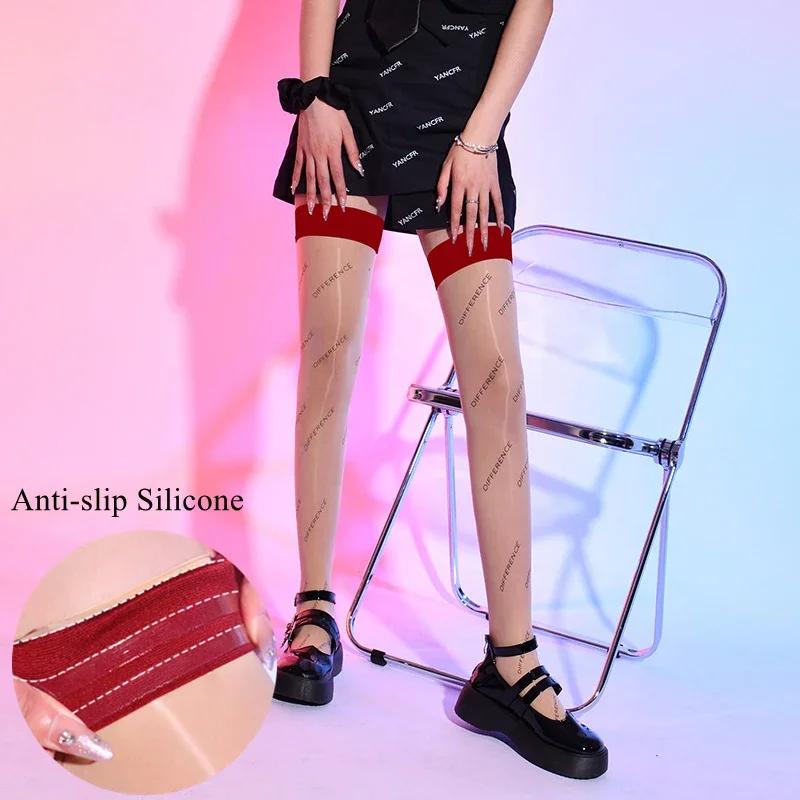 DIFFERENCE Letter Printed Nightclub Party Socks 8D Oil Shiny Silicone Hold Up Thigh High Stockings Women Sexy Transparent Medias