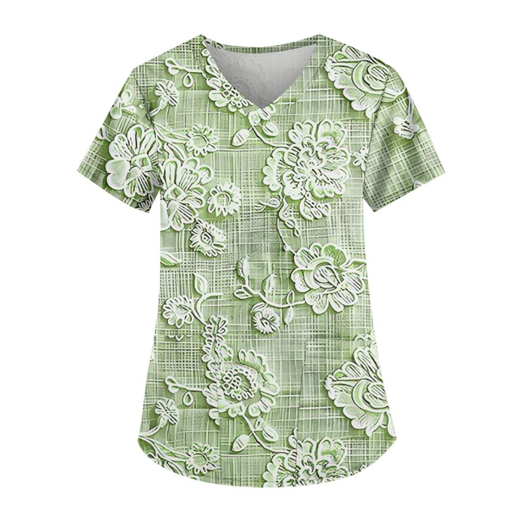 Plus Size Printed Scrub Working Uniform Tops For Women's V-Neck Short Sleeve Fun T-Shirts Workwear Tee With Pockets