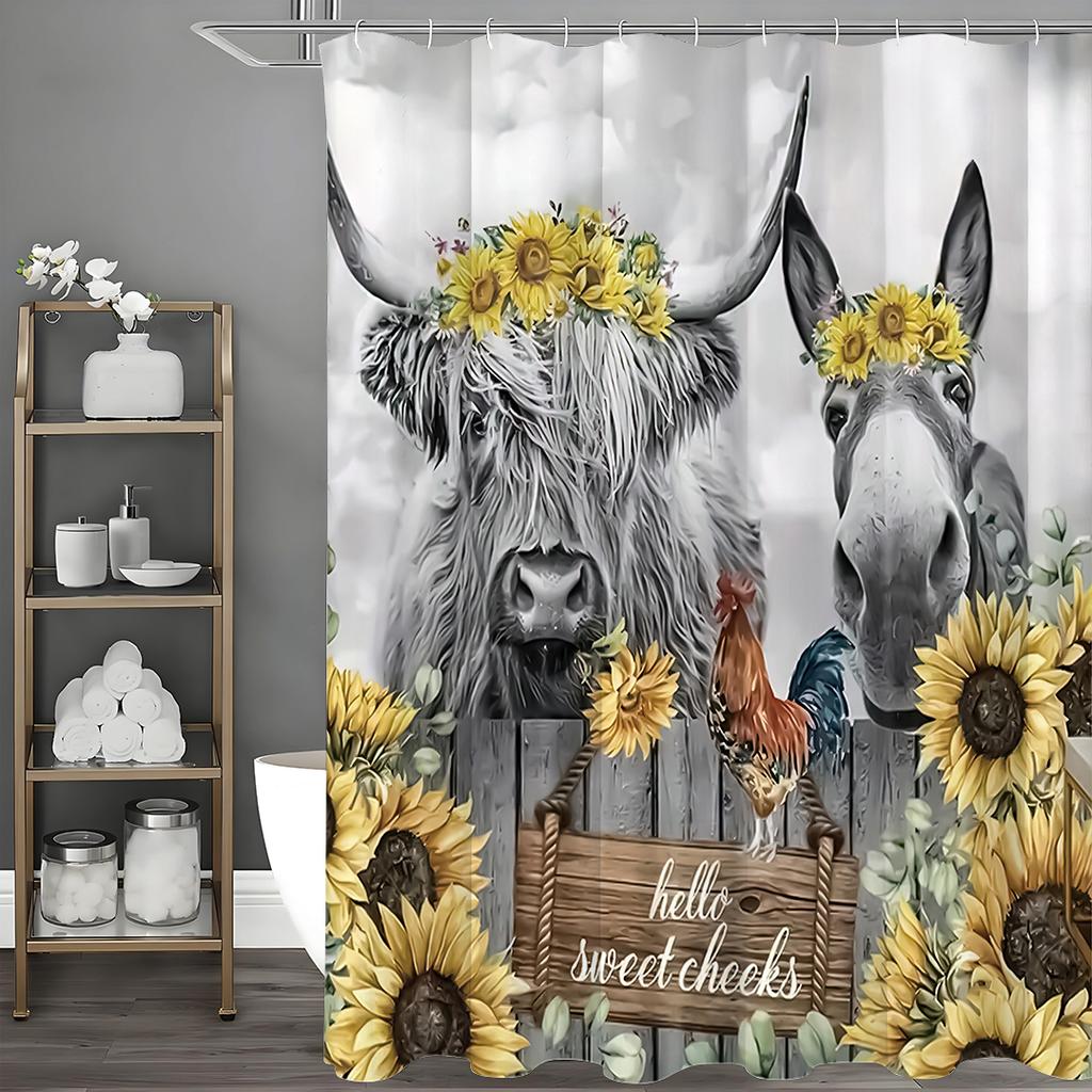Sunflower Highland Cow and Donkey Shower Curtain, Bathroom Decorative Shower Curtain, Waterproof Shower Curtain with Hooks