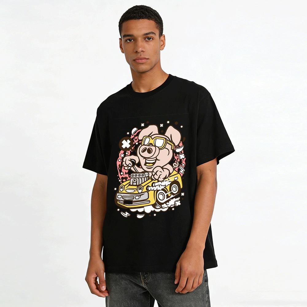 Cool Pig Racing Car Print Casual Short Sleeve T-Shirt Pure cotton T-shirt