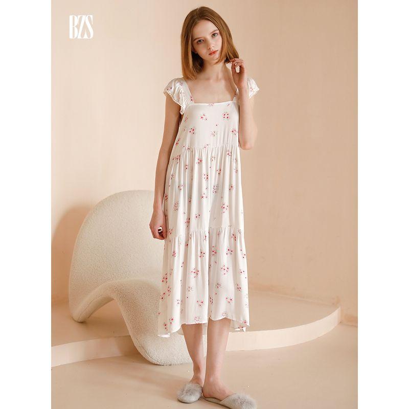 2024 Summer Tribute Satin Sweet Strap Dress Summer Cotton Silk Can Be Outwear Print Nightdress Women's Home Wear Rayon Pajamas