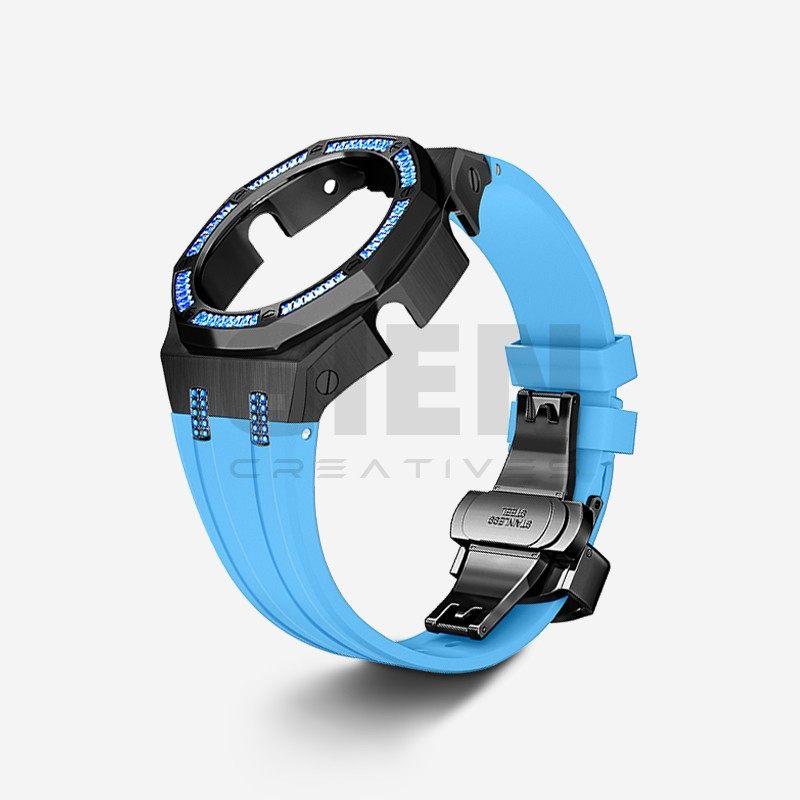 For Casio Octagonal Sport Watch GA2100/GA2110/GA-B2100 Modified Stainless Steel Metal Blue Diamond Case Strap Set Accessories