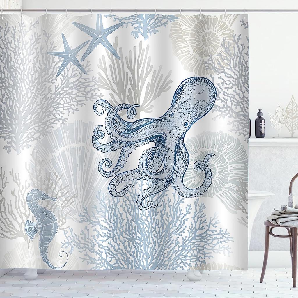 Coastal Turtle Shower Curtain Fish Coral Starfish Shell Blue Ocean Beach Waterproof Polyester Fabric Bathroom Curtains