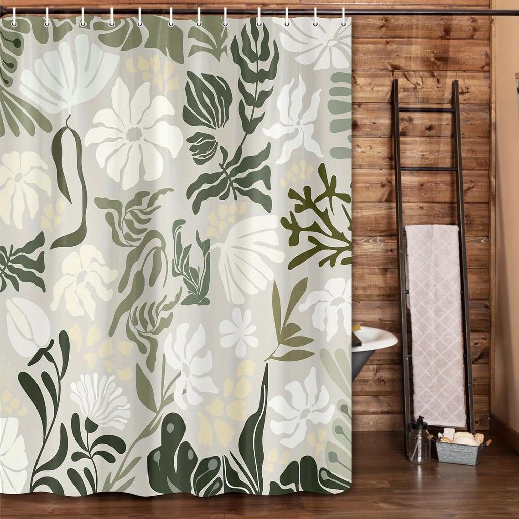 Boho Floral Botanical Shower Curtain - Mid Century Green Flowers & Leaves,  Spring Summer Retro Aesthetic, All-Season Bath Decor