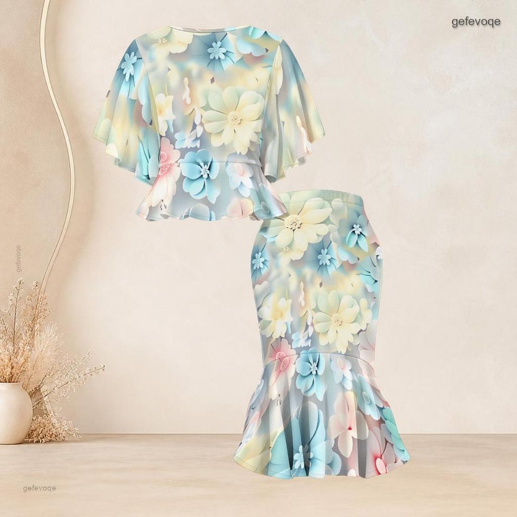Women Plus Size Camo Printed O Neck Batwing Sleeve Ruffle Hem Top Fishtail Skirt Two Piece Set