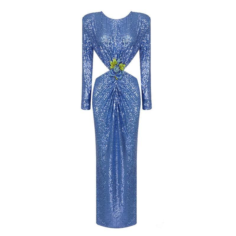 

Rebellious Lady Affordable Luxury Style Elegant Evening Dress Sequin Shiny Backless Long Sleeves Rhinestone Belt Buckle Banquet Dress Blue S