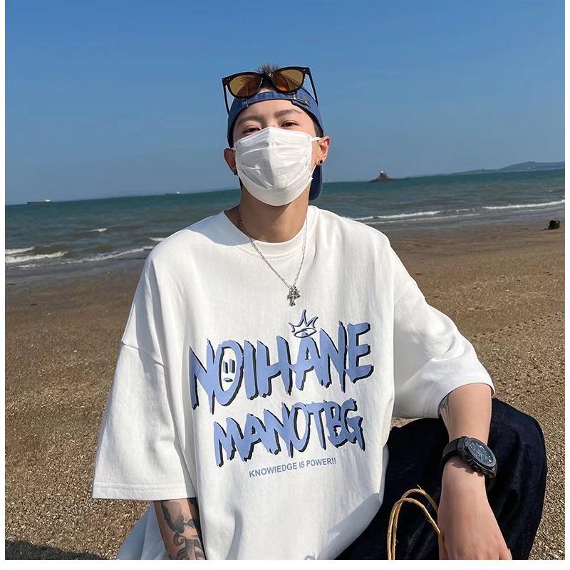 Men Short Sleeve T-Shirts Letter Graphic Print Half Sleeve Tshirts Pullover T-shirt Casual Tee Man Korean Casual Round Neck Retro Tops For