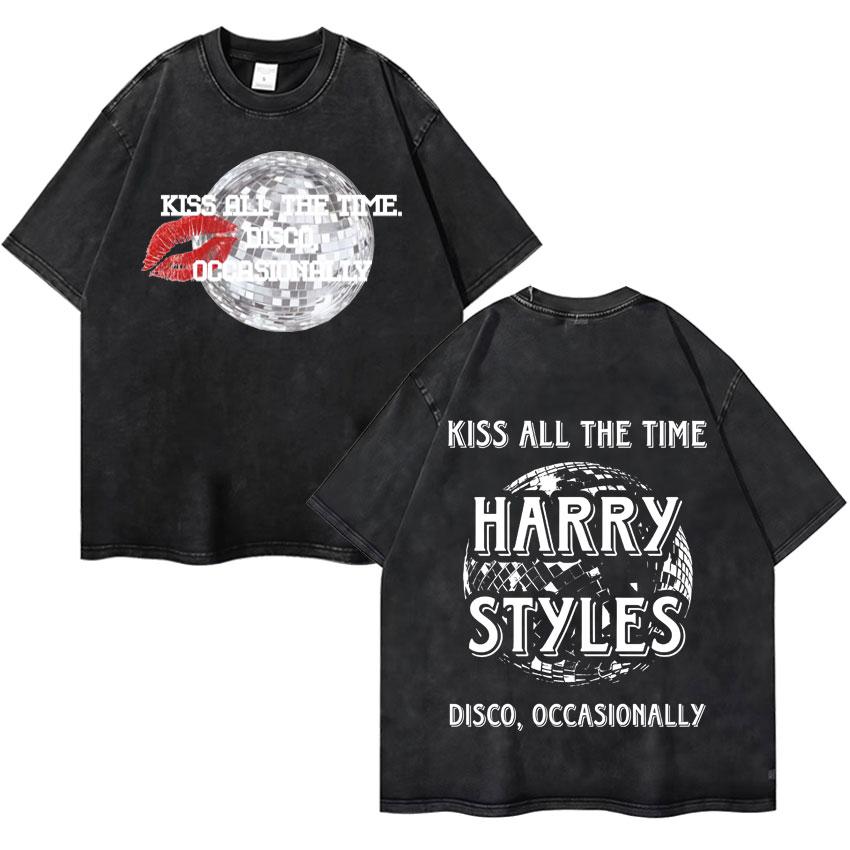 Harry Styles Küsst Immer Disco Gelegentlich Tour Hochwertig Vintage Gewaschen Rundhals T-Shirt Fan Geschenk Unisex Baumwoll-T-Shirt