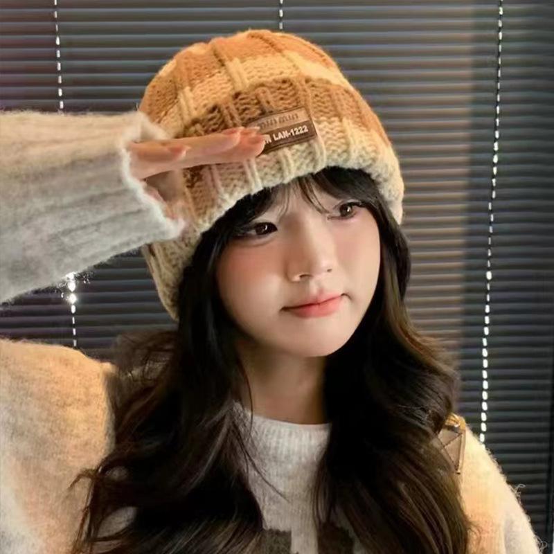 Autumn and Winter Striped Color-blocking Hat for Women Versatile Wool Hat Ear Protection Warm Pullover Hat Outdoor Riding Cold Proof Knitted Hat
