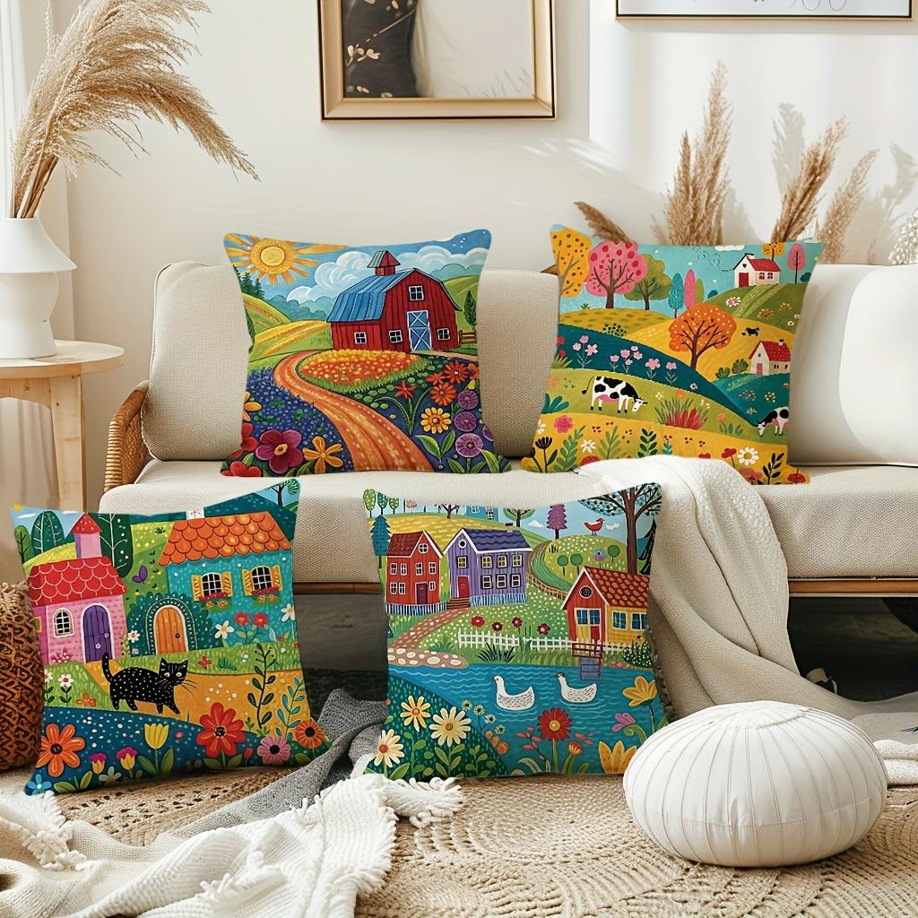 1/4Pcs Colorful Farm-Themed Pillowcase For Cozy Decor Sofa Cushion Cover Home Bedroom Room Decoration
