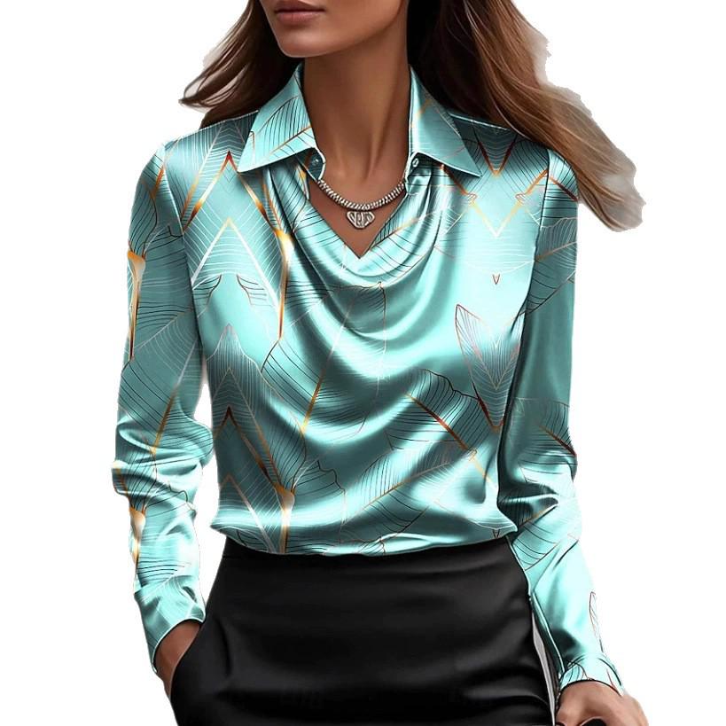 2025 Chic Print Cowl Neck Shirt Collar Women's Top