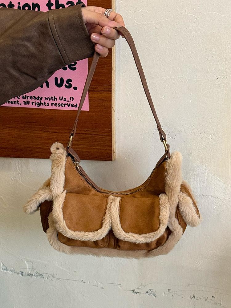 

Винтажная сумка из овечьей шерсти и замши, женская новая зимняя сумка через плечо из замши с плетением, плюшевая сумка для поездок на работу коричневый