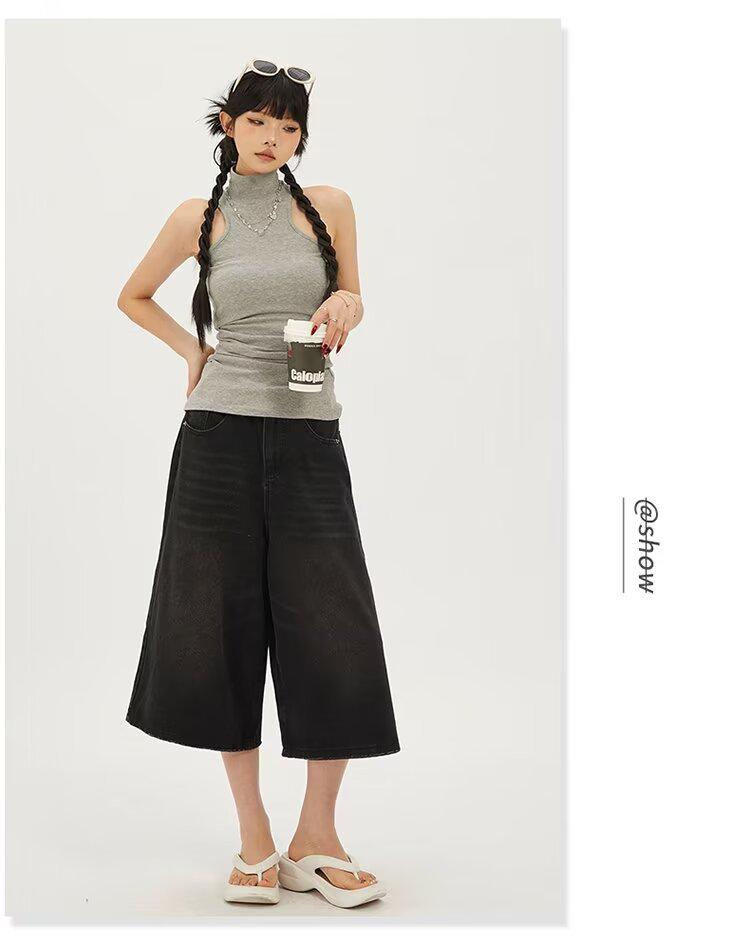 Women's High Waist Wide Leg Capri Denim Shorts - Summer 2024 Thin Style, Slimming Petite Fit