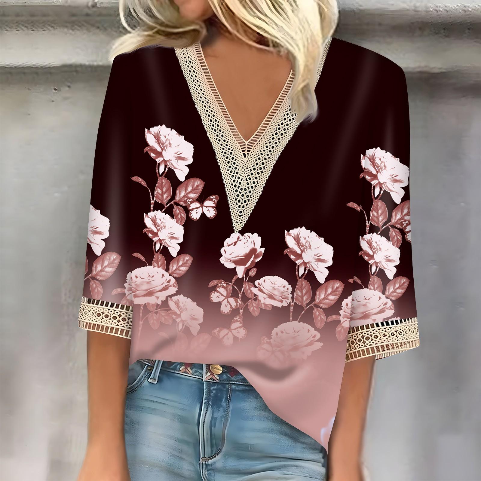 

Женская мода повседневный кружевной топ с рукавом 7/10 и V-образным вырезом с цветочным принтом XL винный