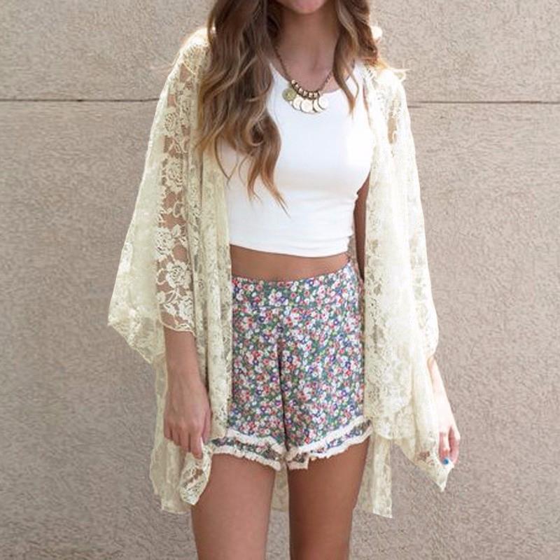ZANZEA Womens Summer See-Through Lace Cardigan Cover Up Blouse