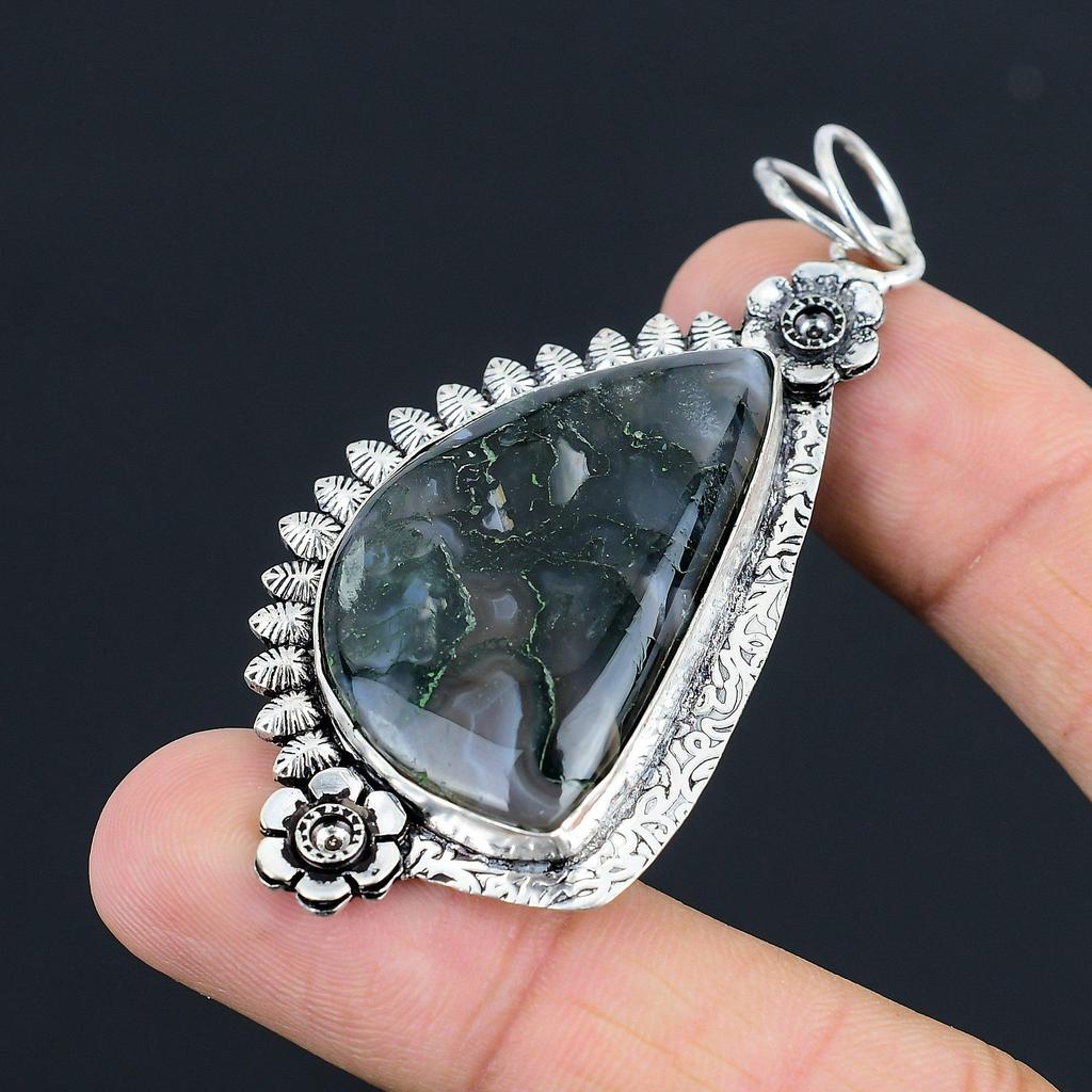 Gift For Her 925 Silver Natural Solar Moss Agate Gemstone Pendant Flower
