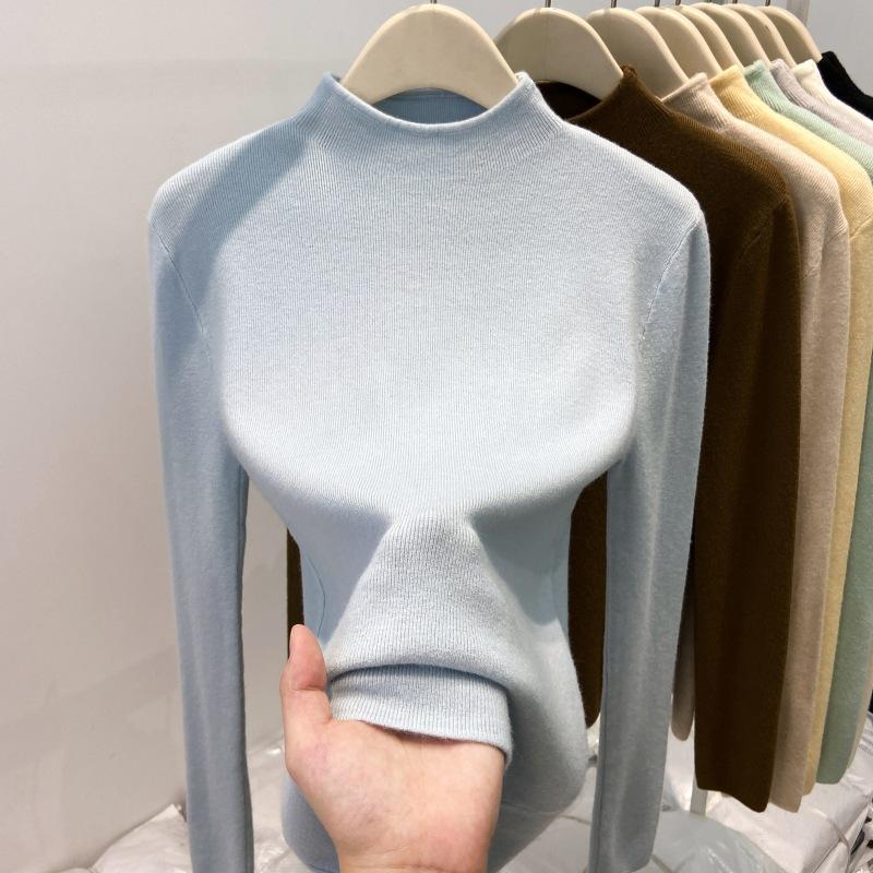 Thickened warm integrated fleece semi-turtleneck knitted sweater women's spring soft waxy inner bottoming shirt solid color top