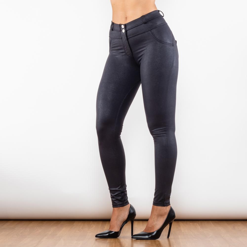 Shascullfites Melody Crackle Black Coated Women's Leggings Spandex Chinlon Push-Up Bum Lift Pants Lifting Fitness Trousers