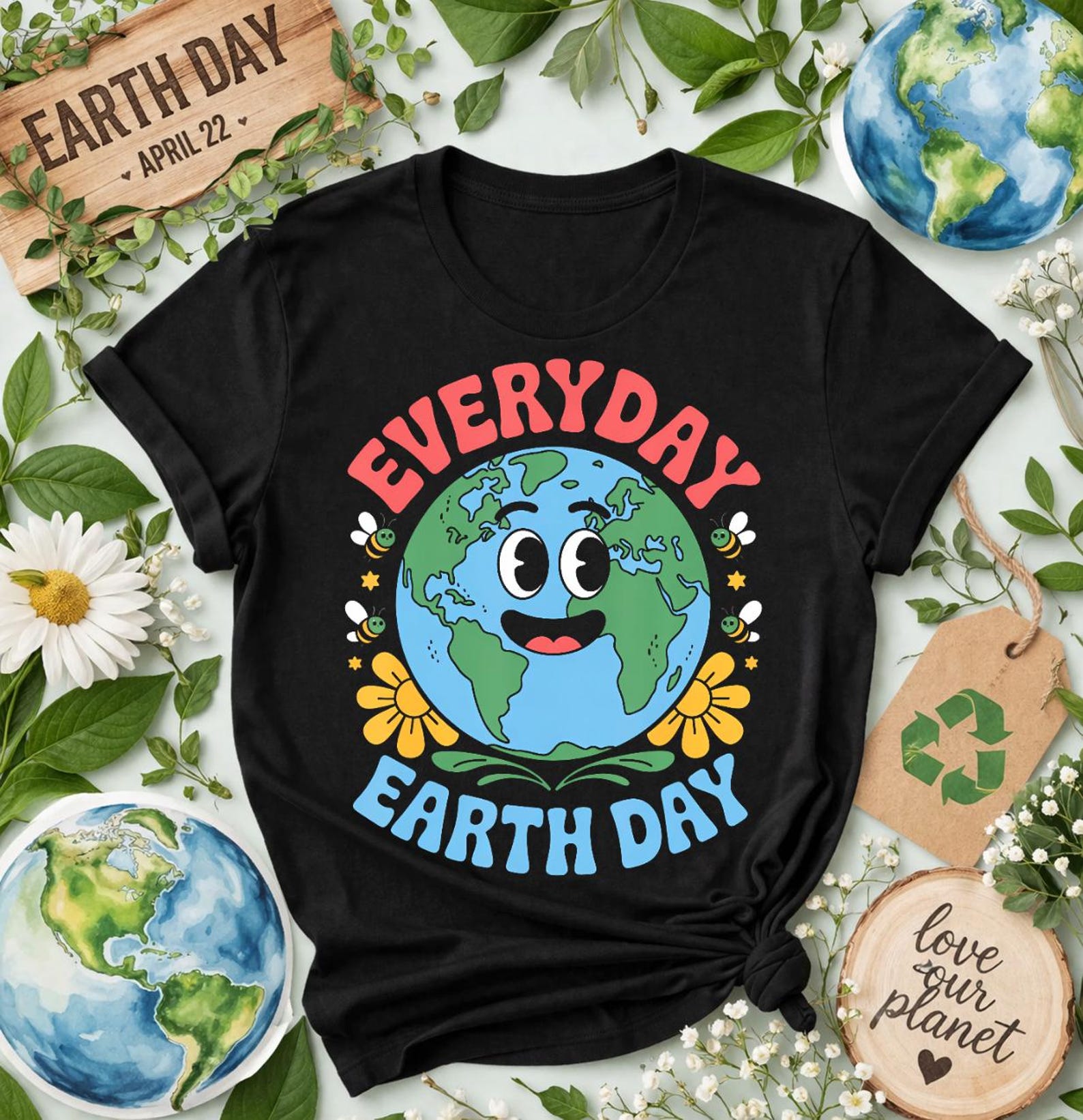 Floral Earth Day Everyday T-Shirt, Eco Friendly Planet Tee S