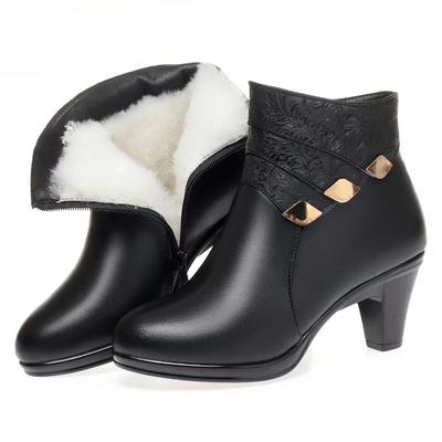 2025 New High Quality Genuine Leather Plush Women's Ankle Boots Winter Warm Wool Women's High-heeled Snow Boots Botas Para Mujer