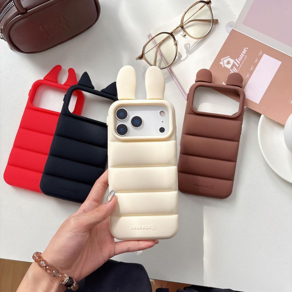 Kawaii 3D Angels Wings Bear Rabbit Cat Ears Solid Color Phone Case for iPhone 17 16 15 14 13 Pro Max Plus Soft Silicone Shockproof Protective Cover