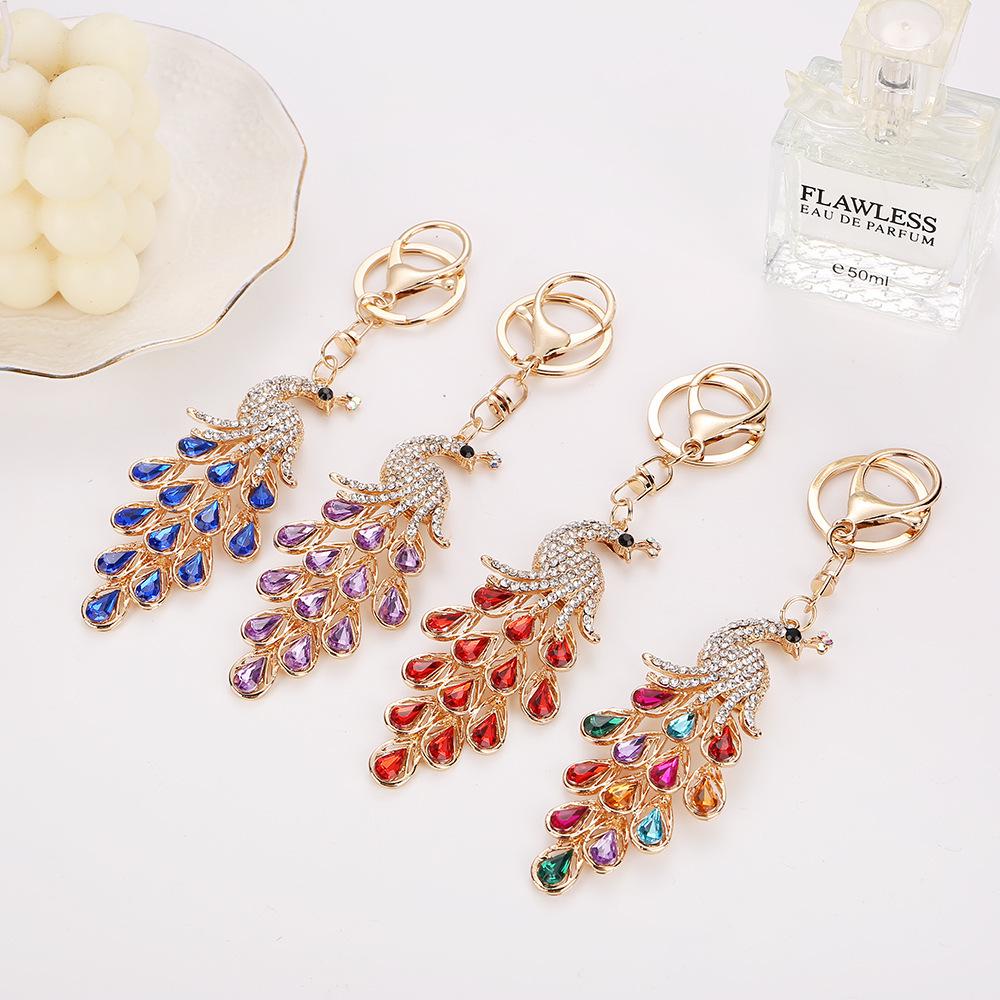 Seven-Color Peacock Tail Keychain: Creative Metal Pendant with Crystals