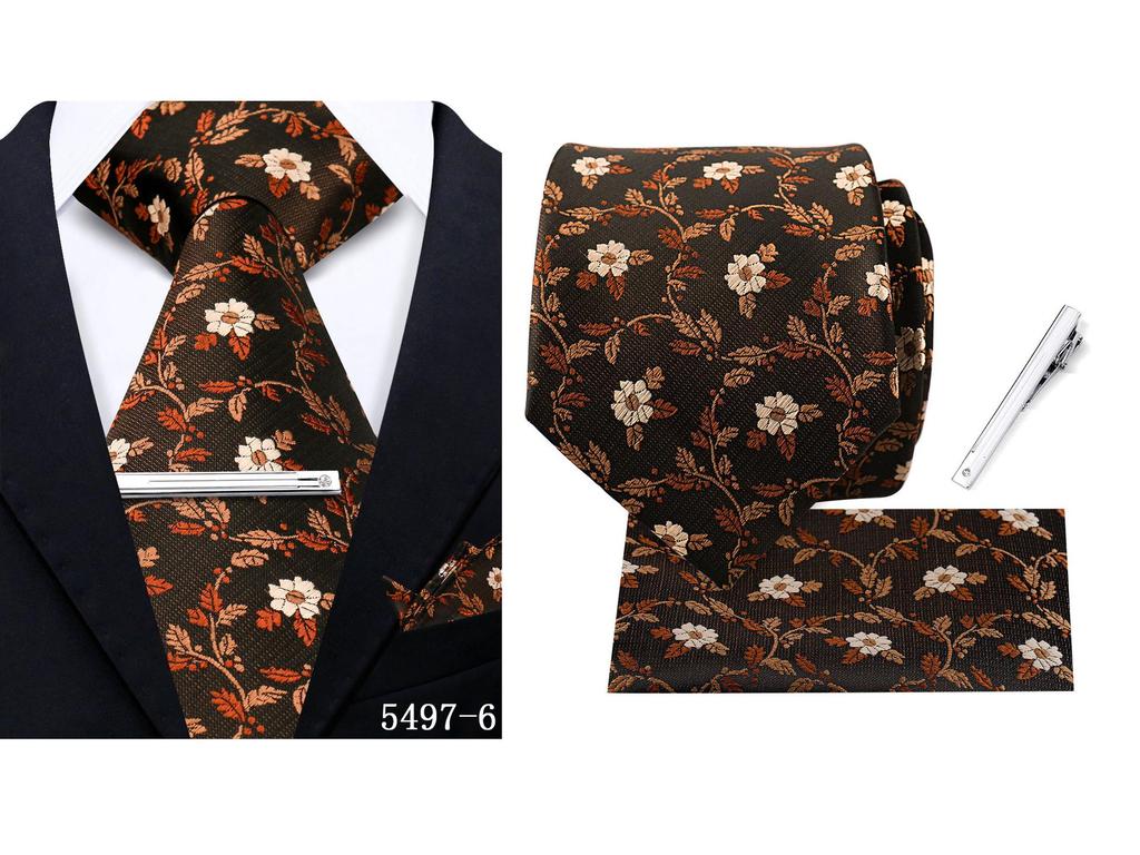 Men's Retro Floral Tie, Pocket Square & Tie Clip Set for Weddings