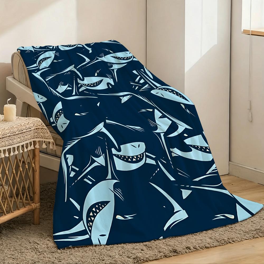 1pc Shark Print Throw Lightweight 240g Flannel Blanket Soft Skin-friendly for Summer Cooling
