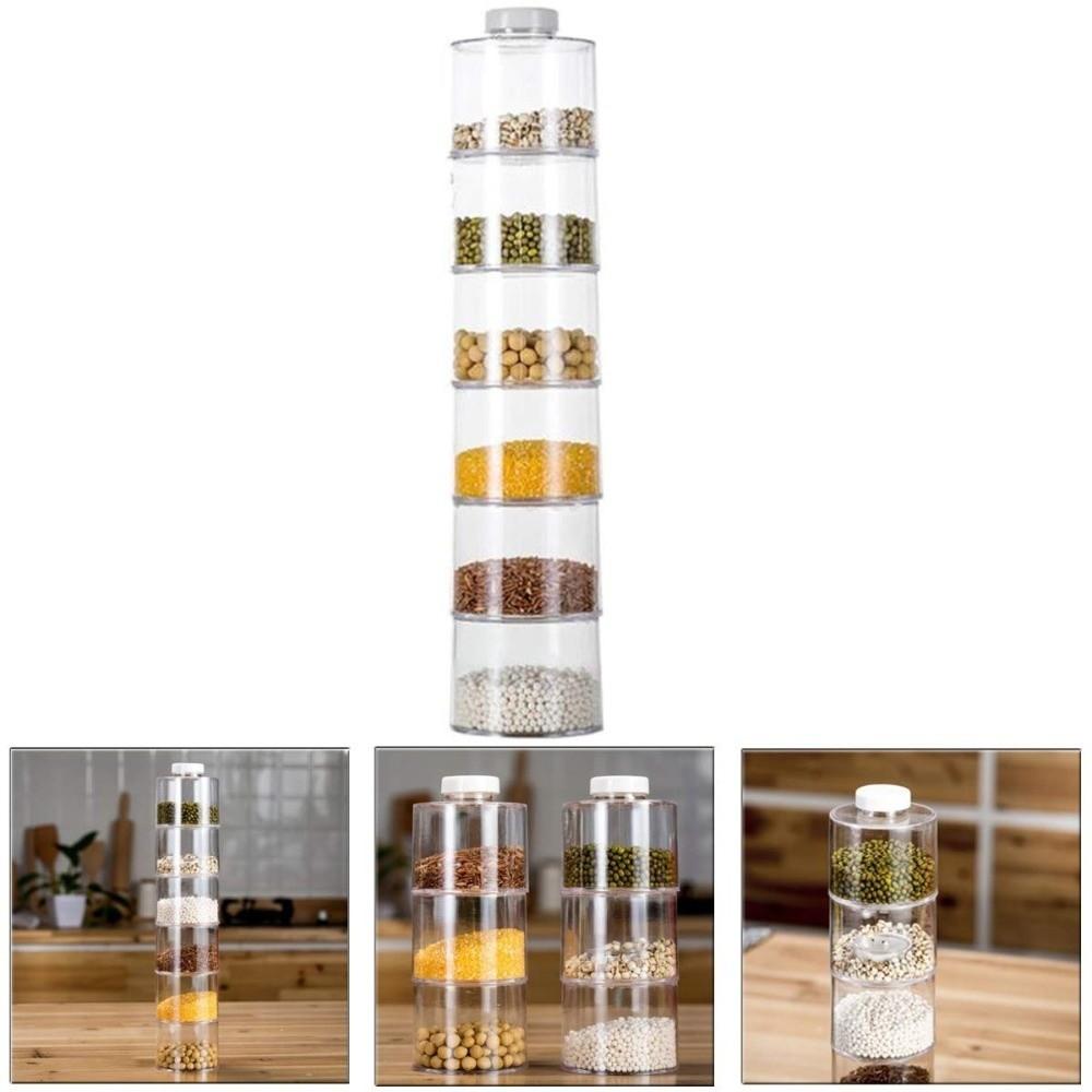 6pcs Transparent Tower Seasoning Jar Airtight Seal Plastic Stackable Seasoning Bottle Removable Lids Cylindrical Shape