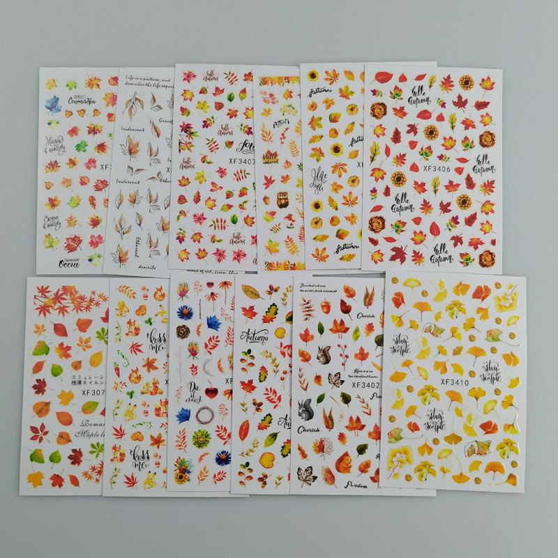 12 Sheet/set 3D Nail Stickers Autumn Winter Maple Leaf Transfer Sliders Paper Nail Decals for Manicures Wraps Tip