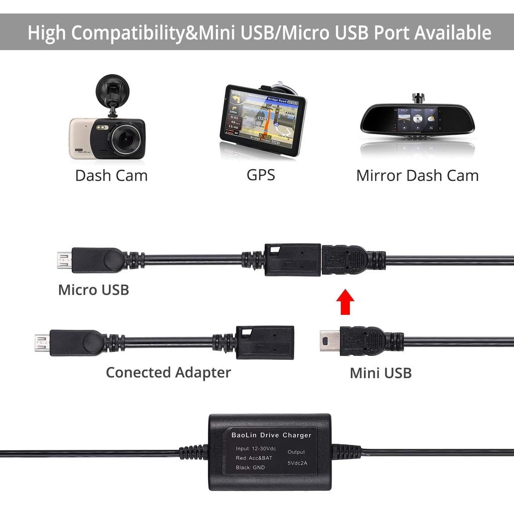 Justech Mini / Mirco USB Power Supply Direct Connection Cord for Car Dash Camera,