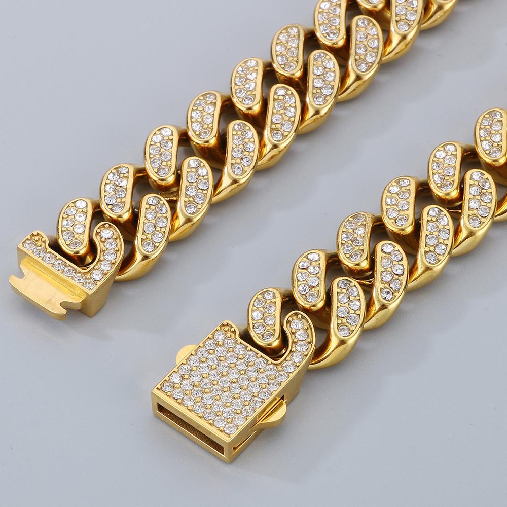 Hip-Hop Heavy Cuban Link Chain Set Man Bracelet Necklace Luxury Gold Color Stainless Steel & Full CZ Men's Necklace & Bracelets Sets